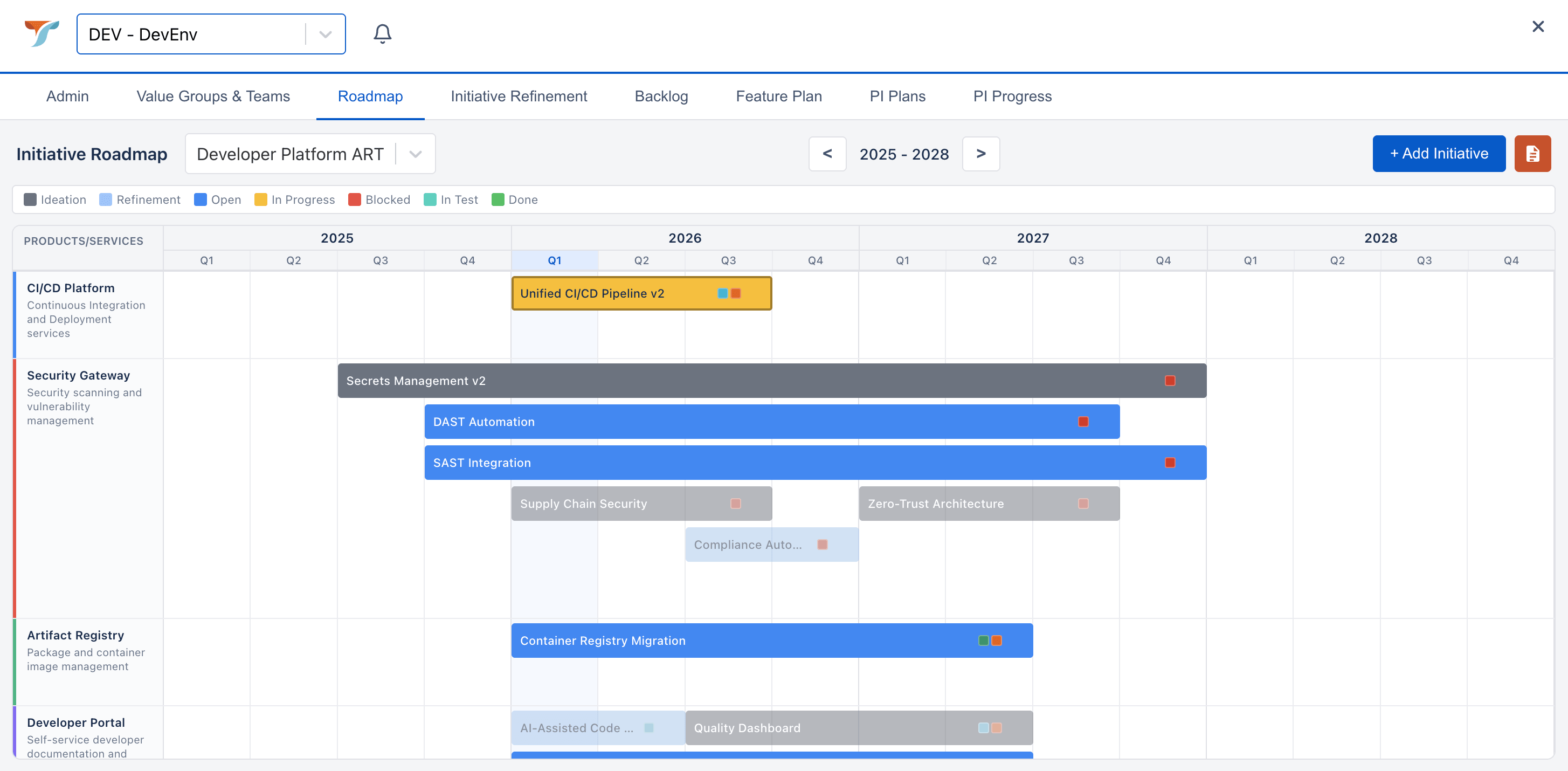 Taskstreamer Roadmap view with objective bars across quarters